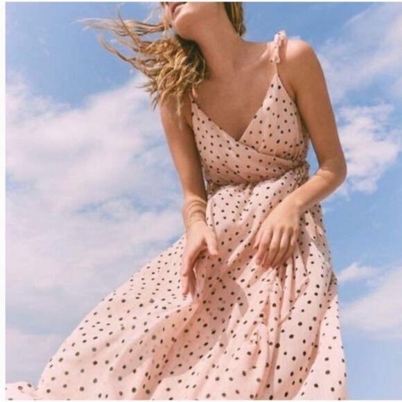 NWT Madewell Ruffle Strap Wrap Maxi Dress Size 4P Inkspot Dots Pink Retro Party - Picture 1 of 14